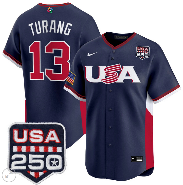 Men Team USA World Baseball Classic 250 America Patch #13  Brice Turang blue 2026 MLB Jersey->more jerseys->MLB Jersey